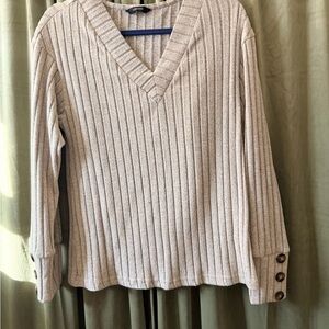 V-Neck Ribbed Sweater - Cream with brown wrist buttons